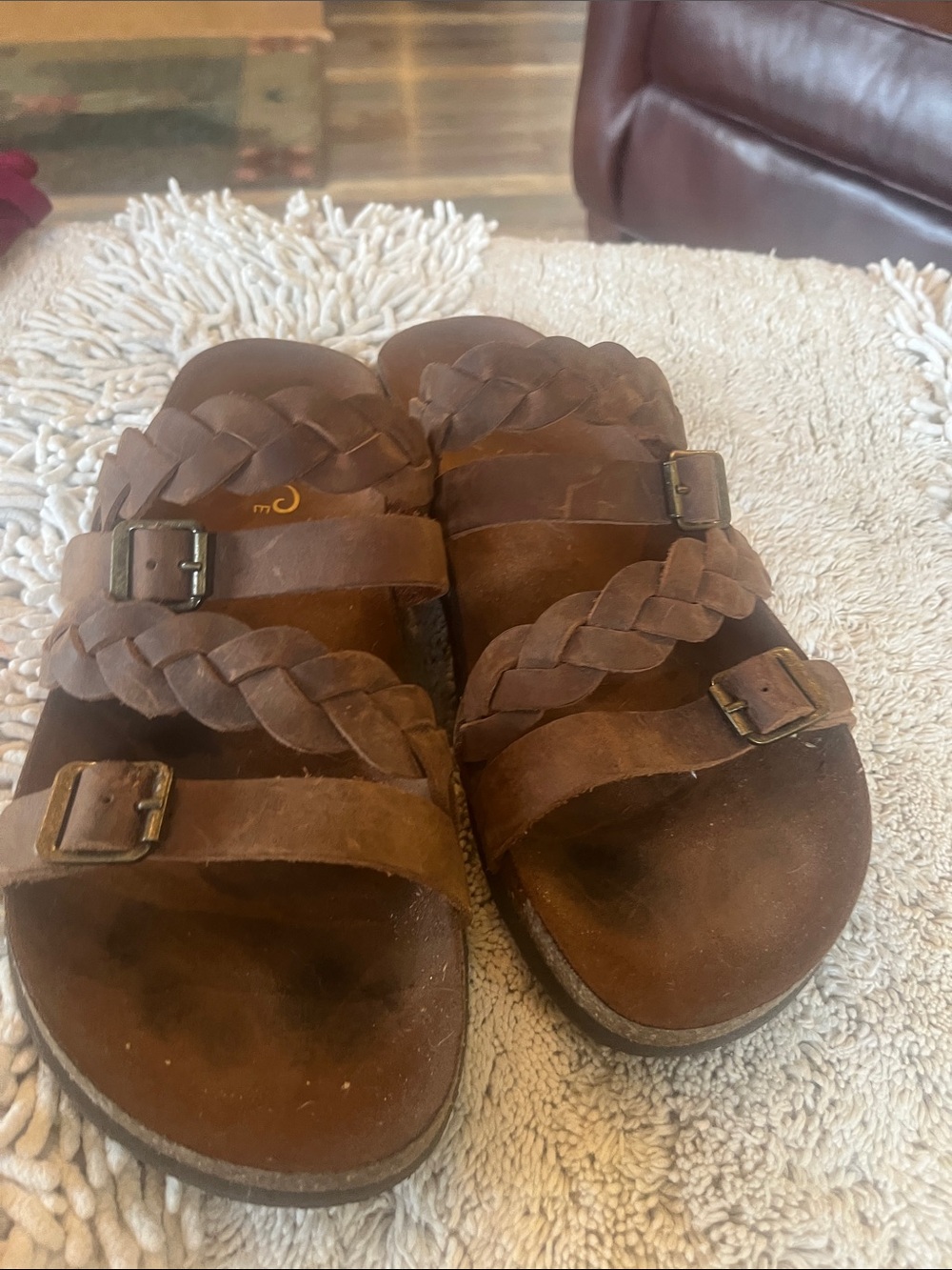 Braided Strappy Brown Leather Slide Sandals